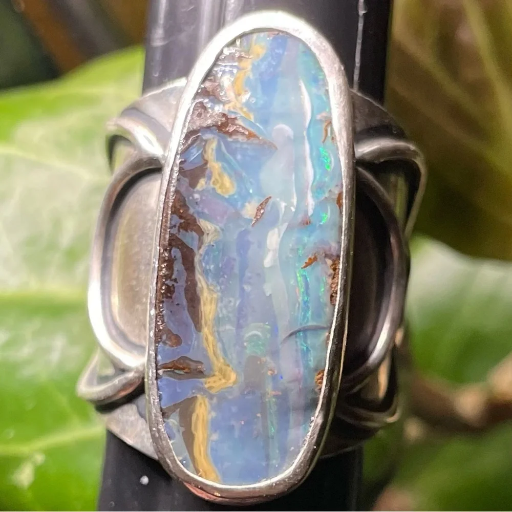 Chunky Natural Australian Opal Sterling Silver Moon Ring